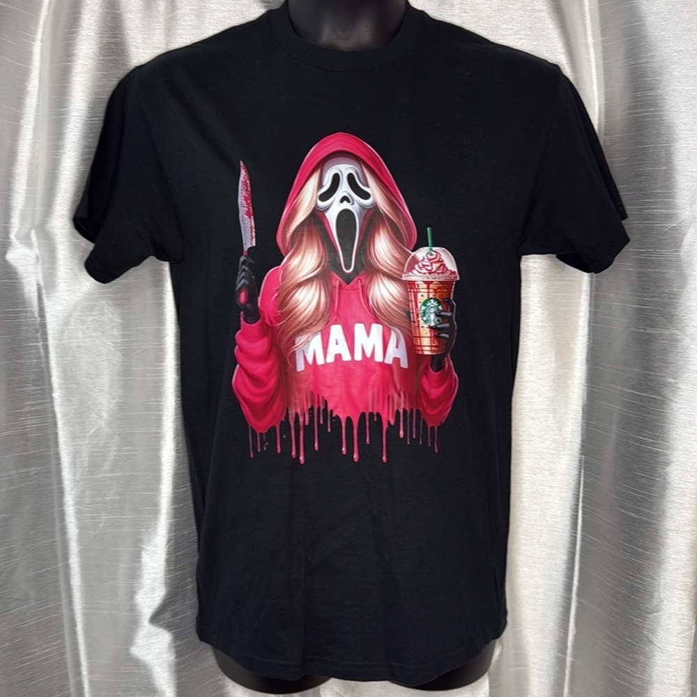 Ghost Face Mama Drinking Coffee Halloween Black T Blonde Women’s M Gildan - Picture 3 of 8